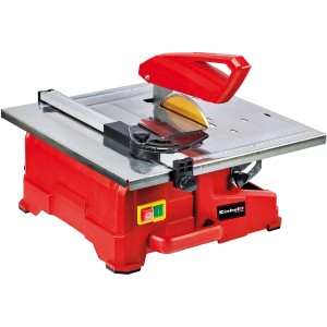 Tagliapiastrelle Einhell TC-TC 800 con tavolo in acciaio inox e disco diamantato.