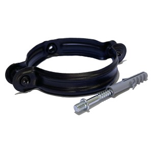 Collare nero con vite e tassello per tubi da stufa.