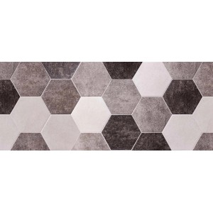 Tappeto/zerbino decorativo da cucina con motivo esagonale in toni di grigio e bianco.