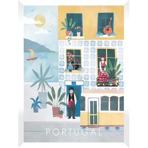 Quadri: Illustrazione di una scena portoghese con casa, tram e persone.