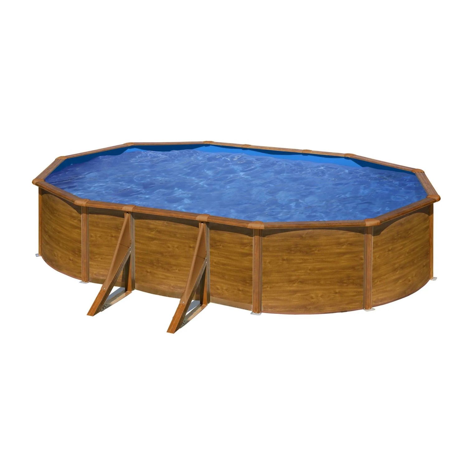 Piscina Gre Pool Pacific ovale fuori terra effetto legno. Piscina in acciaio marrone 500x300x120 cm con liner blu.