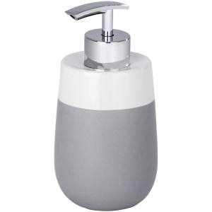 Dispenser sapone Wenko Malta in ceramica grigio-bianco con pompa cromata.