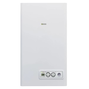 Caldaia a gas bianca t.b.t. per interni. Caldaia con elementi di controllo.