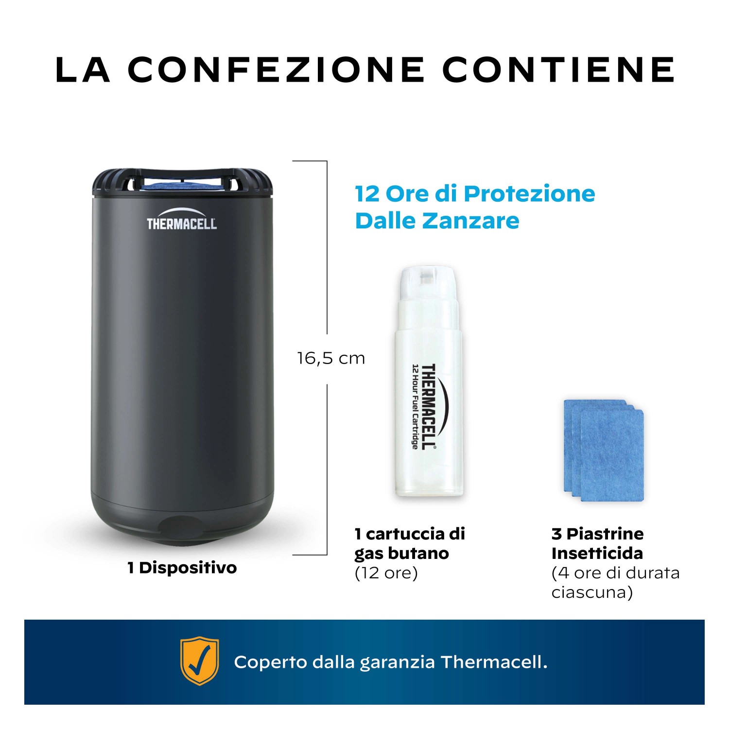 Set antizanzare t.b.t.: dispositivo, cartuccia gas, 3 piastrine insetticida.