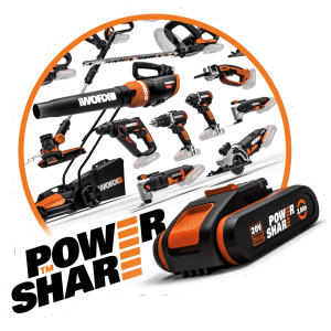 Batteria Worx 20V 4Ah WA3553 con attrezzi da giardino Worx sullo sfondo.