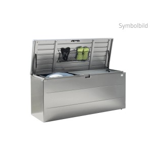 Biohort StyleBox 140 box universale grigio quarzo metallizzato aperta, con coperchio a molla a gas e vano a rete.