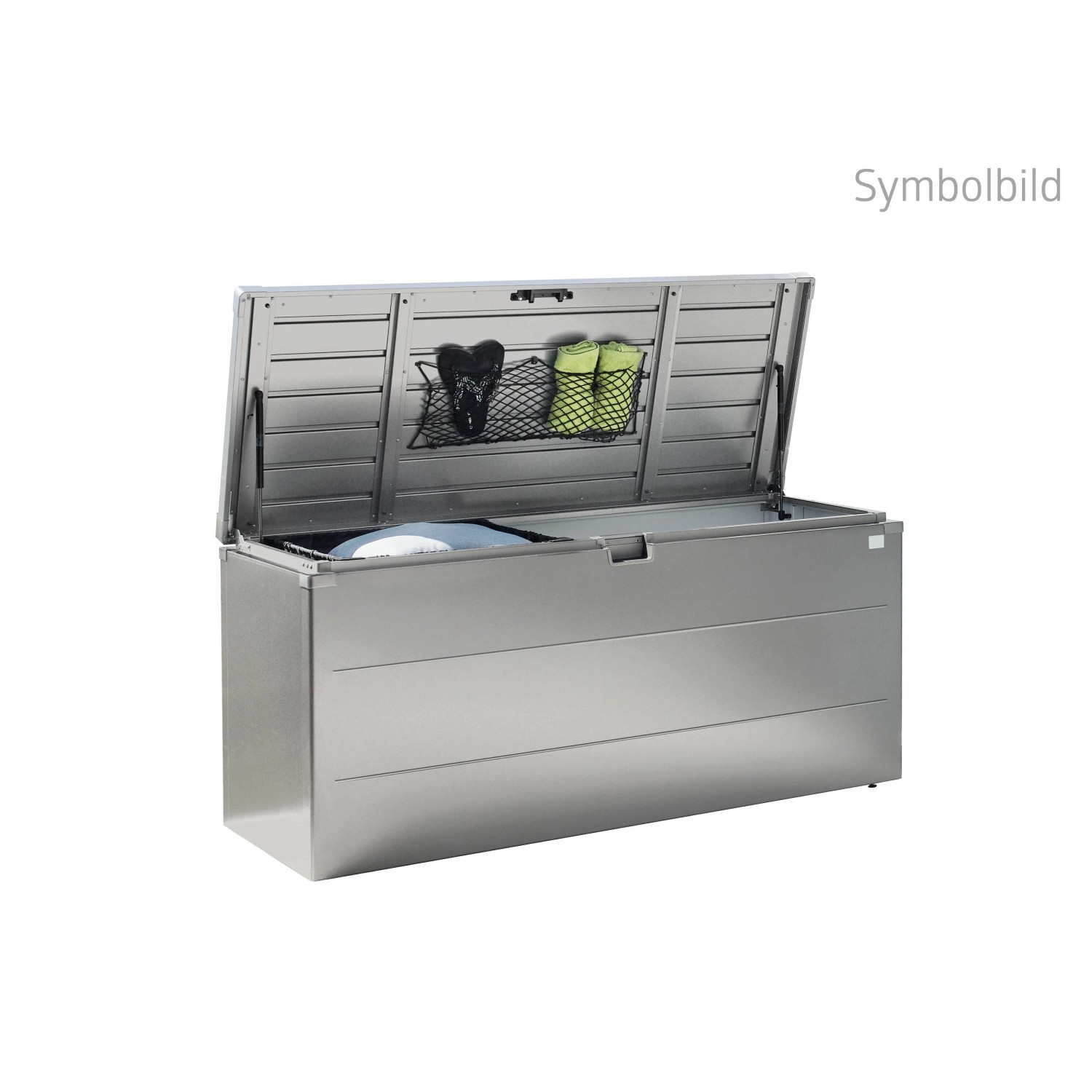 Biohort StyleBox 140 box universale grigio quarzo metallizzato aperta, con coperchio a molla a gas e vano a rete.