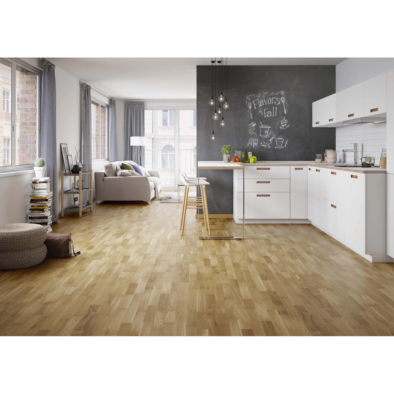 Pavimento in parquet t.b.t. chiaro posato in cucina-soggiorno.