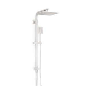 Colonna doccia t.b.t. con soffione e doccetta, design squadrato in bianco.