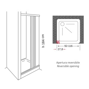 Disegno tecnico di una porta doccia t.b.t. con dimensioni e apertura reversibile.
