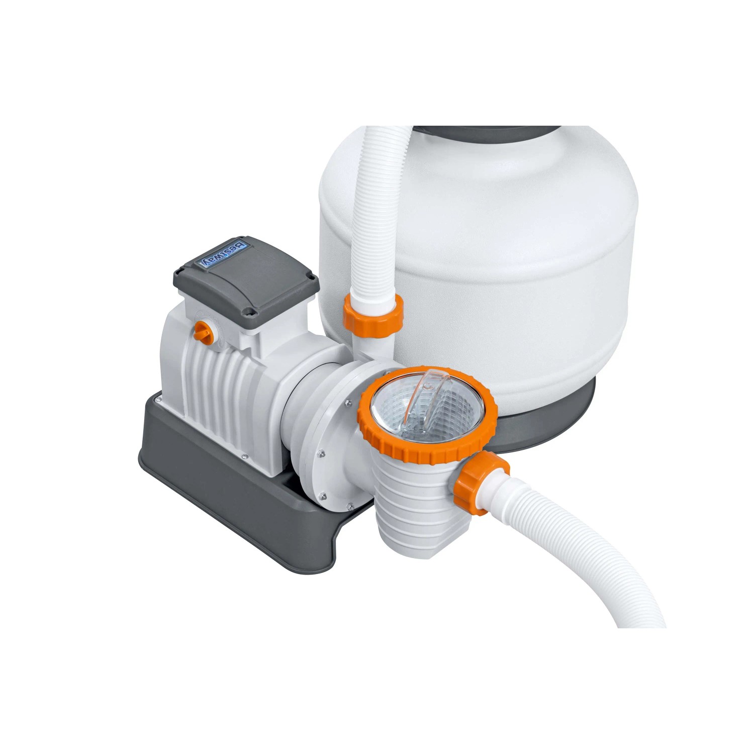 Sistema di filtro a sabbia per piscine, composto da pompa e serbatoio del filtro.