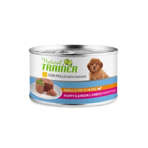 Lattina di cibo umido per cani Natural Trainer con pollo per cuccioli e cani di piccola taglia.