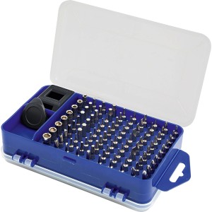 Kit riparazione smartphone LUX, 108 pezzi, in scatola blu aperta con coperchio trasparente.