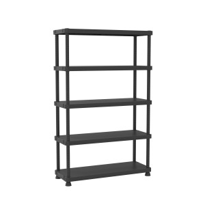 Scaffale in plastica nera con 5 ripiani per cantina, garage o ripostiglio.