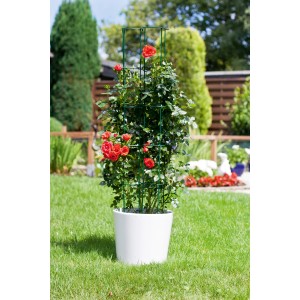 Grigliato verde ad incastro (110 cm) con rosa in vaso bianco. Ideale come supporto per piante rampicanti.