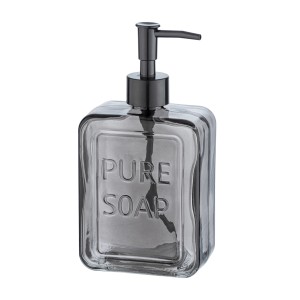 Dispenser sapone in vetro grigio con pompa nera, etichetta 'Pure Soap'.