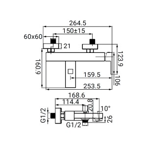 Disegno tecnico di un miscelatore per vasca t.b.t. con dimensioni.