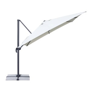 Ombrellone a braccio t.b.t. con telo chiaro e struttura grigia.