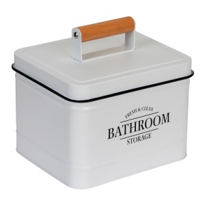 Box da bagno bianca Wenko Pali con manico in bambù e coperchio per accessori bagno.