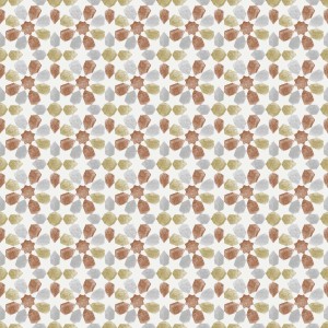 Tovaglia con motivo floreale astratto nei toni del marrone, grigio e beige.