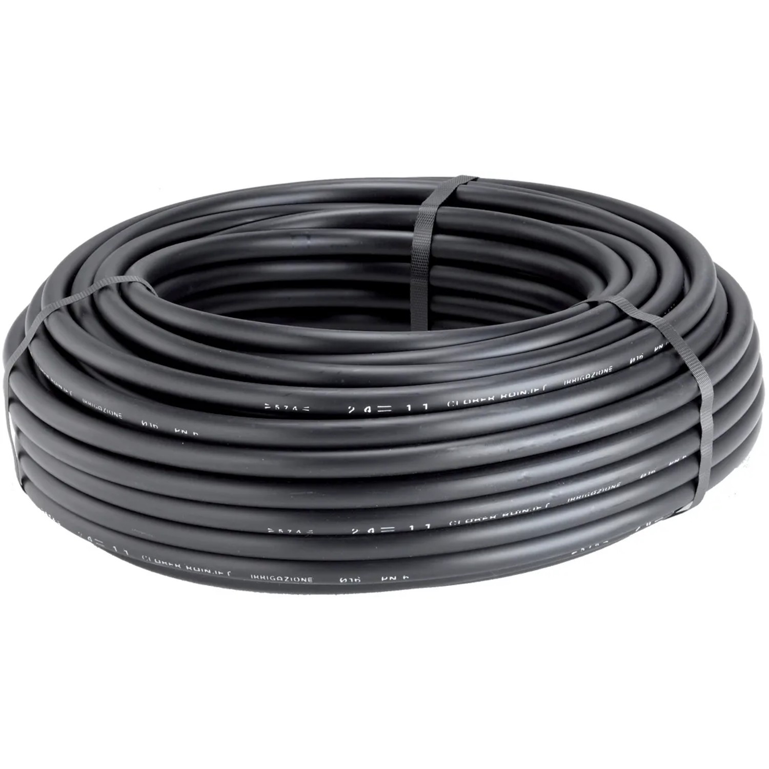Tubo nero per microirrigazione, arrotolato e legato.