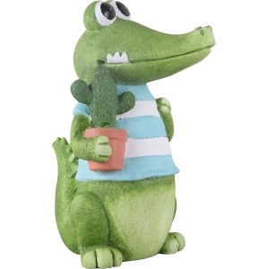 Statuetta decorativa a forma di coccodrillo bambino (39 cm) con cactus in vaso, decorazione da giardino.