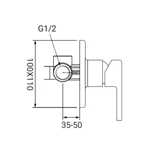 Disegno tecnico: rubinetto doccia t.b.t. con dimensioni.