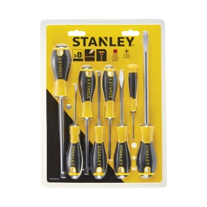 Set di cacciaviti Stanley, 8 pezzi, con manici gialli e neri.