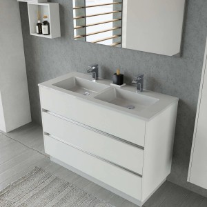 Mobile bagno t.b.t. bianco con due lavabi e tre cassetti. Stile moderno.