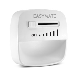 Dispositivo di sicurezza per bambini EASYMATE bianco con cursore e indicatore di potenza del segnale.