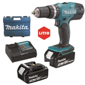 Trapano avvitatore a percussione Makita 18V con 2 batterie, caricabatterie e valigetta.