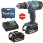 Trapano avvitatore a percussione Makita 18V con 2 batterie, caricabatterie e valigetta.