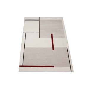 Tappeto moderno con motivo geometrico in beige, grigio e rosso.