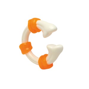 Gioco da masticare per cani t.b.t., forma osso, bianco e arancione.