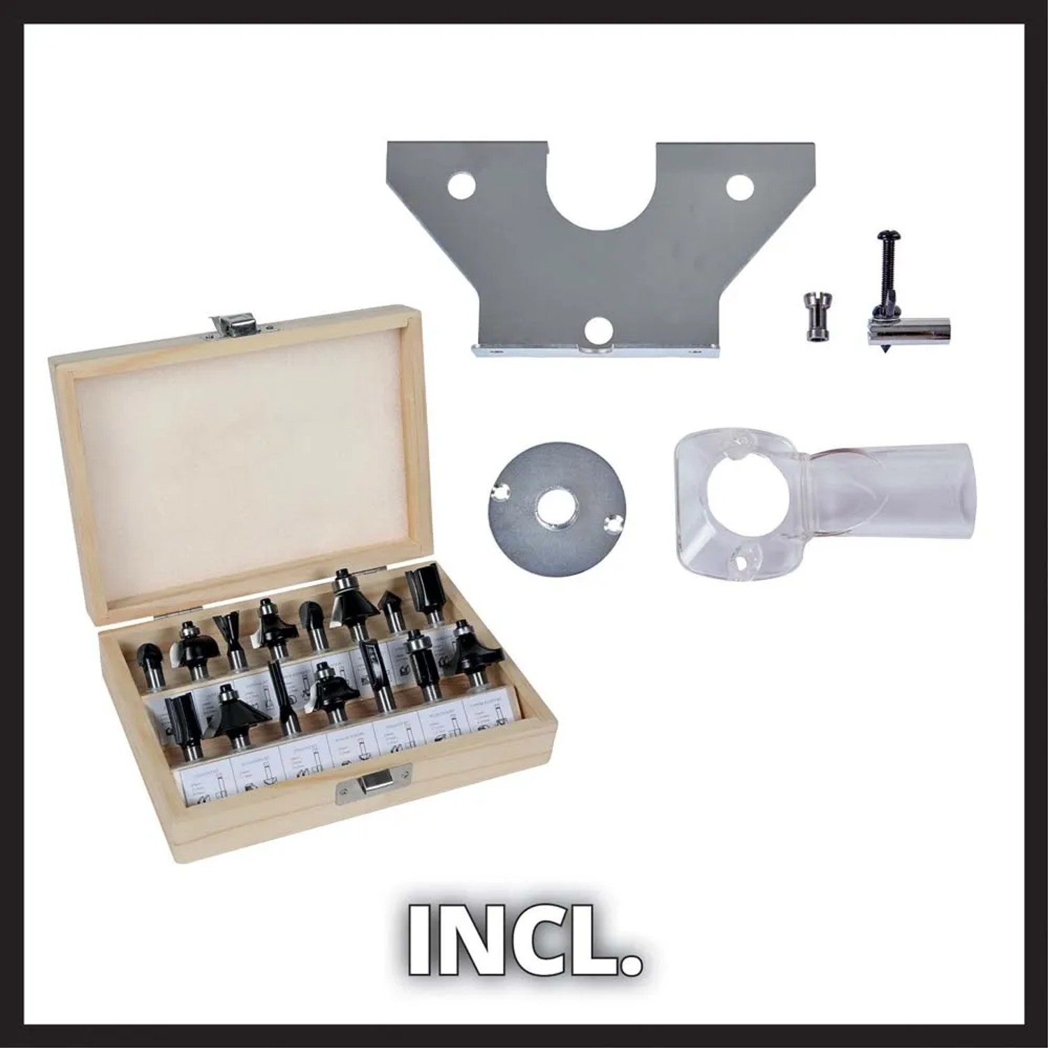 Set di frese t.b.t. con accessori, presentato in una scatola di legno.