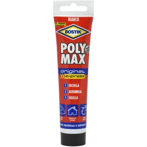 Tubo di Bostik Poly Max Express, adesivo universale bianco per interni ed esterni.