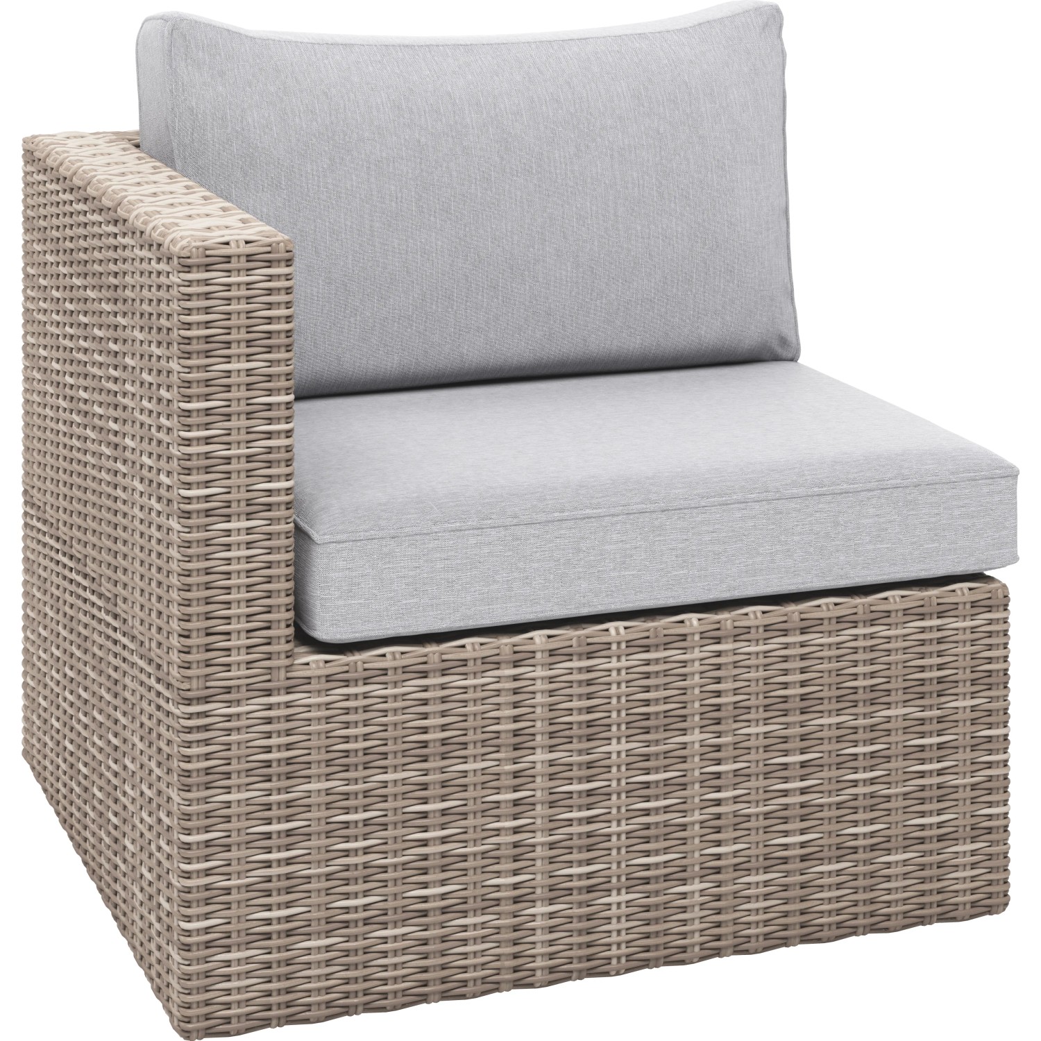 Poltrona lounge Olea Compact in polyrattan con cuscini grigio chiaro, parte del set di mobili per balconi da 3 pezzi.