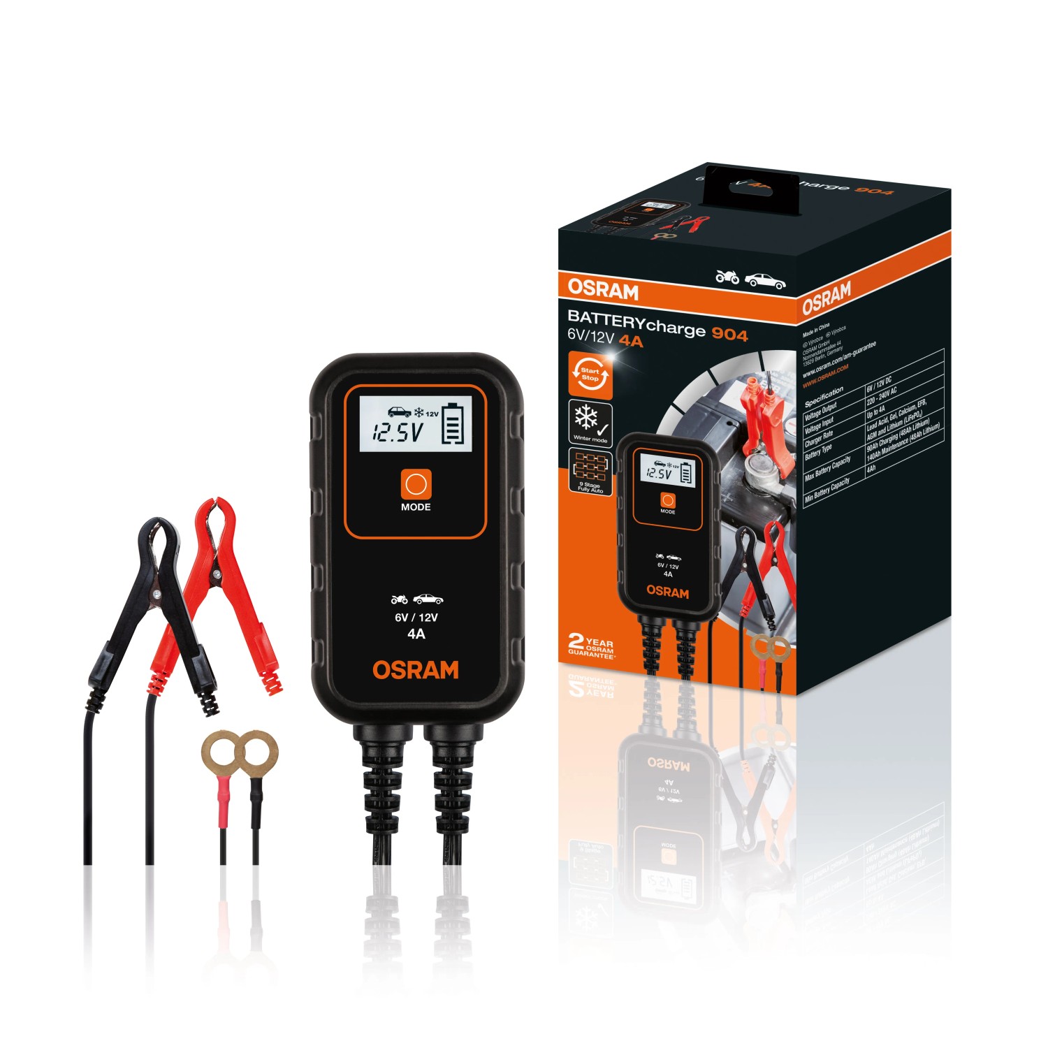 Caricabatterie OSRAM Batterycharge 904 6V/12V 4A con accessori per la manutenzione auto.