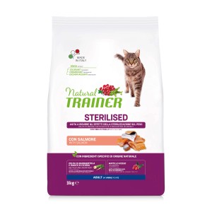 Confezione di cibo secco per gatti sterilizzati Natural Trainer con salmone.