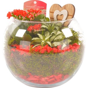 Composizione floreale in vetro con fiori rossi e cuore decorativo per interni.