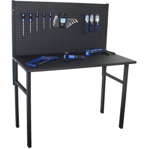 Banco da lavoro t.b.t. nero con pannello porta attrezzi e utensili.