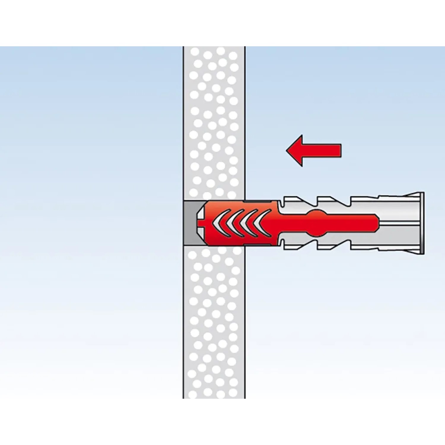 Illustrazione: Tassello Fischer Duopower 6x50 in uso in parete con freccia che indica la direzione di inserimento.