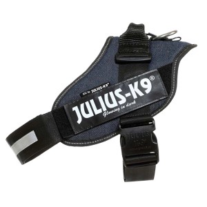 Pettorina per cani Julius-K9 IDC Power, blu scuro, con logo e strisce riflettenti.