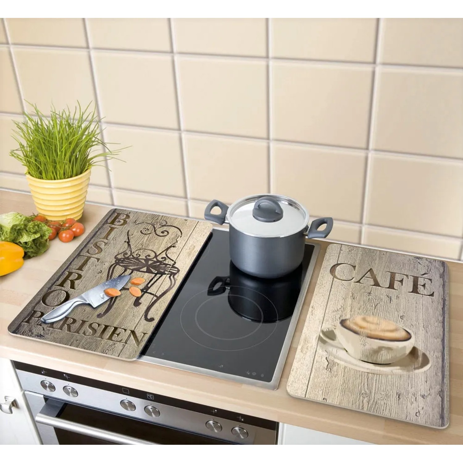 Set di 2 copripiano cottura universali Bistro Wenko con motivi bistro e caffè.