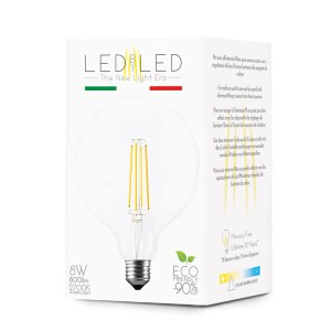 Lampadina LED E27 in scatola: Bulbo a filamento trasparente, luce bianca calda, 8W, 2700K.