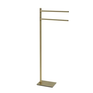 Piantana t.b.t. dorata con due porta asciugamani e base rettangolare.