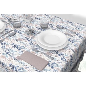 Tovagliato cotone antimacchia resinato H 140 cm x L 20 m Fiori blu beige