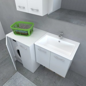 Mobile bagno bianco con lavatrice e cesto portabiancheria verde.