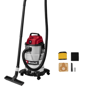 Aspirapolvere Einhell TC-VC 3055 S per solidi/liquidi con serbatoio inox 30L, tubo, bocchetta e accessori.