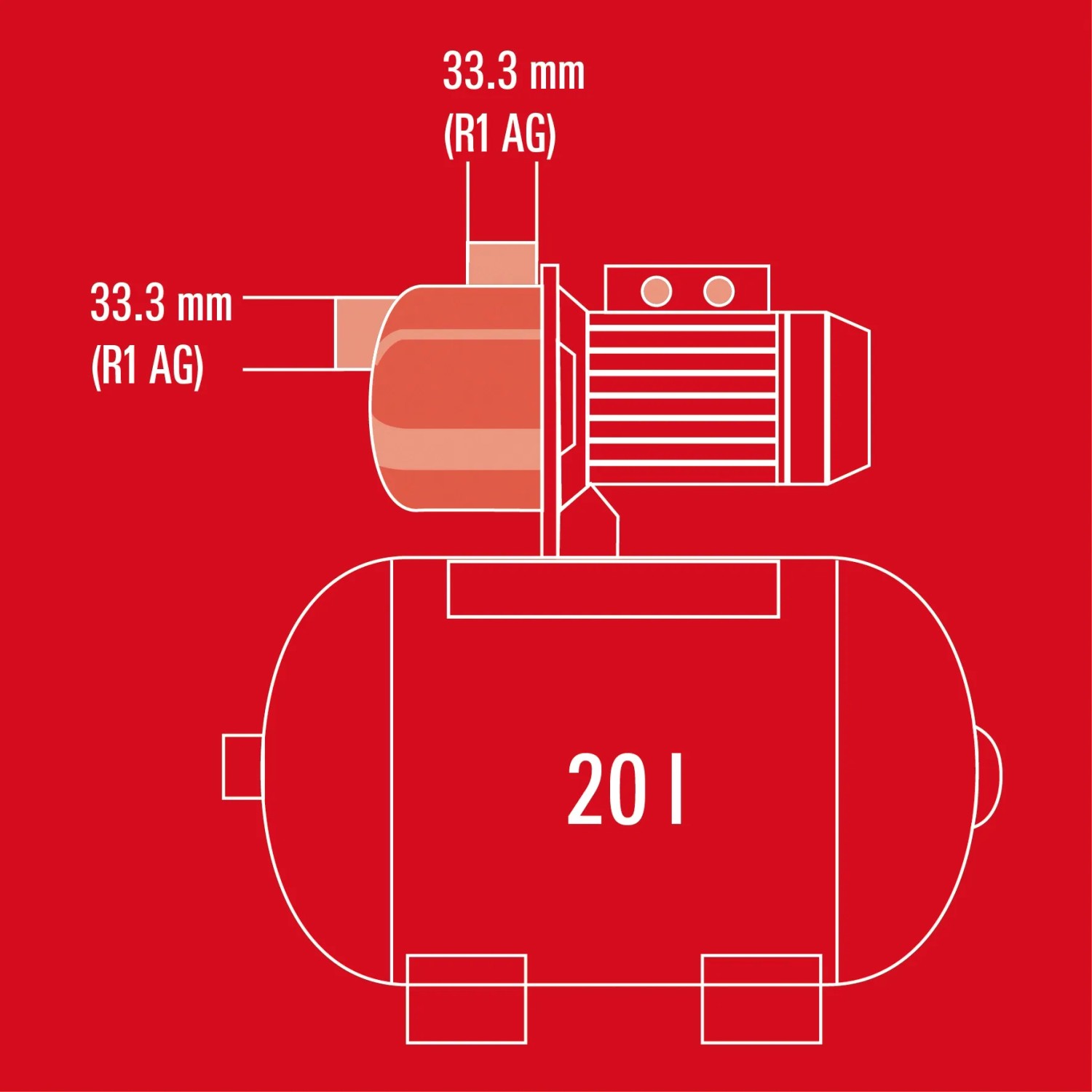 Schizzo del sistema di approvvigionamento idrico domestico Einhell GC-WW 6538 con serbatoio da 20 litri e dimensioni.